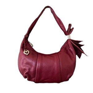 Brighton Burgundy Pebbled Leather Bow Shoulder Bag Silver Heart